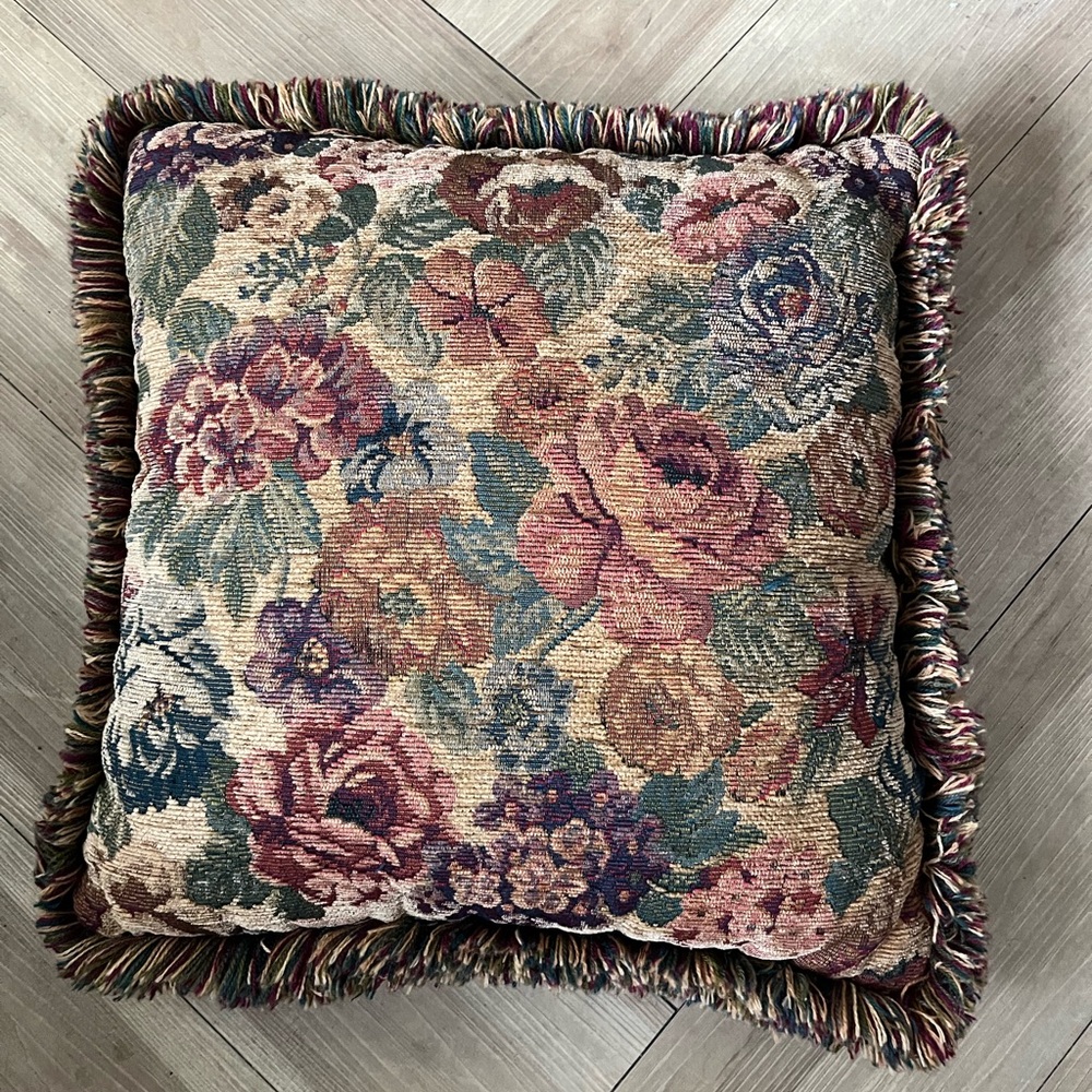 Pier 1 Imports Bellagio Floral Tapestry Throw Pillow 17" Square w/Brush Fringe